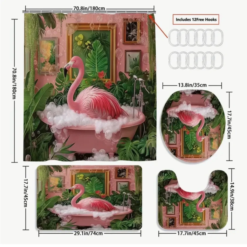 Flamingo 4-pc Shower Curtain Bathroom Set - Pink and Green - Bonus Hooks